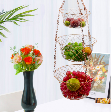Cesta de frutas de hierro forjado, plegable de tres niveles, frutero colgante para sala de estar - Ideal para mayoristas for sale at factory direct price