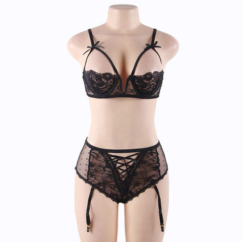 Womens Underwear Embroidery Lace Bra Lingerie With Garter Thong Plus Size  Underwear Set 