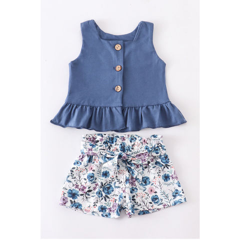 Ruffle Baby Clothes 0-3 Months Blue Beige Floral Shorts Set Trendy