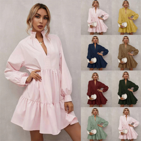 Holiday Dresses for Women 2022 Winter Fashion Plus Size Swing Mini Dress  Casual Solid Latern Long Sleeve Dress Pocket