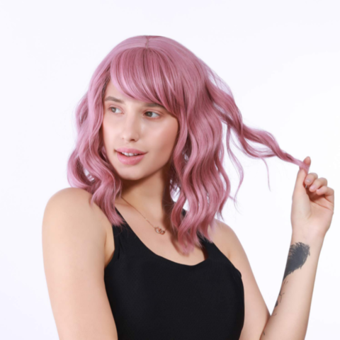 Peruca Ondulada Pastel com Franja para Mulher, Peruca Curta Bob Rosa Roxa, Peruca Sintética Cosplay Bob for sale at factory direct price