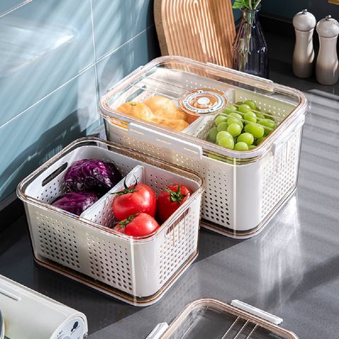 MJYT Multifunction Double-Layer Drain Basket with Lid Plastic Fruit Storage Basket Kitchen Refrigerator Drain Storage Box 