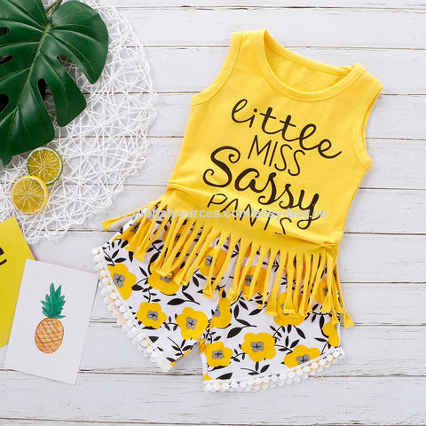 Ensemble pour fille Gilet à franges + short cinq points imprimé chrysanthème et lettres - Tenue décontractée