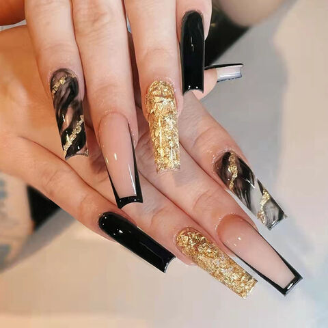 Buy CoolNail Classic Black UV Coffin False Nails Pure Solid Color Ballerina Fake  Nail Artificial Extension Tips for Finger Free Glue Sticker Online at  desertcartINDIA