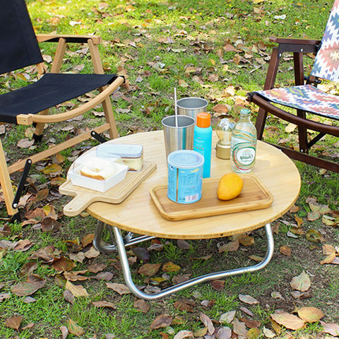 Table Folding Small Round Bamboo Board, Bamboo Outdoor Barbecue