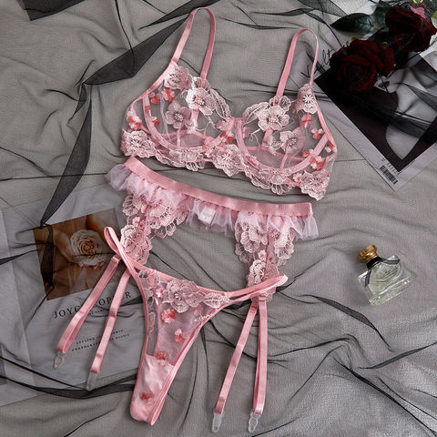 Pink Heart Embroidered Lace Skirt Lingerie Set See Through Bra And