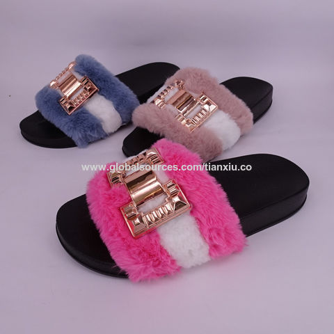 Furry Slippers Fur Slides For Women Faux Fur Flip Flops Ladies Chain  Decoration Summer Sandals House Fluffy Slippers Flat Shoes - Women's  Slippers - AliExpress