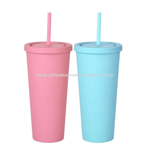 SKINNY TUMBLERS (4 pack) Matte Colored Acrylic Tumblers with Lids and Straws, Skinny, 16oz Double Wall Plastic Tumblers With Straw Cleaner INCLUDED!  Reusable Cup With Straw
