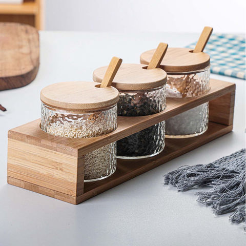 Buy Wholesale China Spice Glass Jar With Wooden Rack Spoon Bamboo Lid  Kitchen Salt Hammered Straight Storage & Spice Jar With Rack at USD 5.3