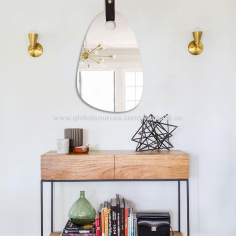 مرآة حائط بدون إطار مع علاقة جلدية، تصميم عصري بسيط، ديكور منزلي وحمام عصري for sale at factory direct price