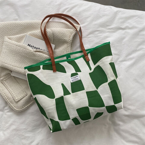 New Green Canvas Bag Simple Letter Pattern Tote Bag Large-Capacity