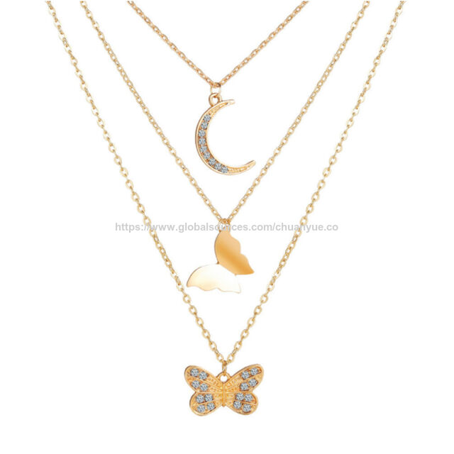 Colar com Pingente de Borboleta de Moda Criativa Feminina com Diamantes, Colar de Lua Multicamadas for sale at factory direct price