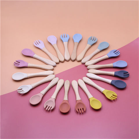 Cheap Baby Feeding Spoons with Wooden Handle Children's Cutlery Baby  Utensils Soild Feeding Soft Silicone Tableware for Kids Infants