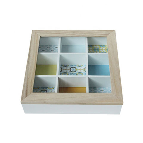 Wooden Tea Box 6 or 9 Section Compartments Glass Lid Multi Storage 