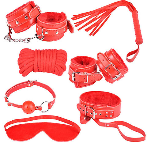 10 PC Bondage Kit Restraint Collar Whip Wrist Ankle Cuffs Rope Red BDSM Set  New
