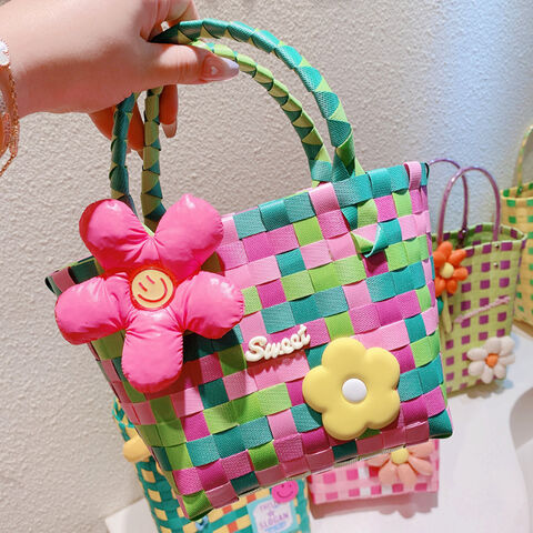 Fashion girly style colorful flowers summer rainbow woven handbag small square bag for sale at factory direct price