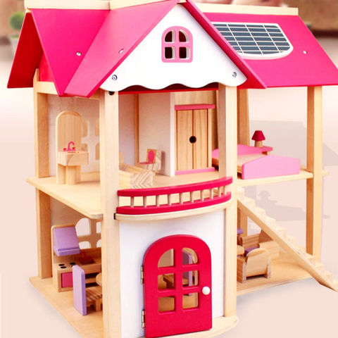 Casa de Muñecas de Madera Rosa de 2 Pisos con Simulación de Juego de Roles, Juguetes de Madera, Villa, Venta al por Mayor de Juguetes de Yiwu for sale at factory direct price