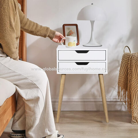 Mesa de Cabeceira, Mesa de Cabeceira Moderna de Meados do Século com Pernas de Madeira Maciça, Mesa Lateral Minimalista e Prática com 2 Gavetas Branca for sale at factory direct price