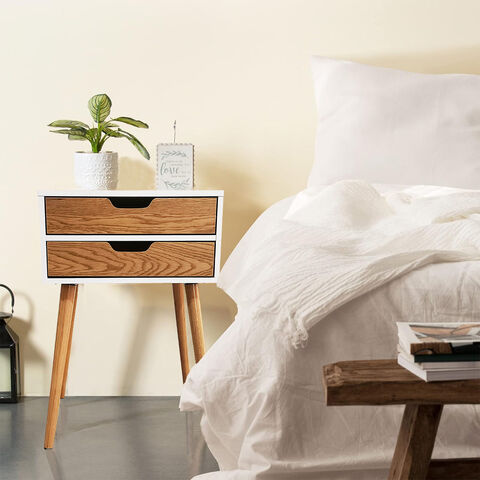 Mesa de Cabeceira de Madeira Estilo Meados do Século Moderno com 2 Gavetas, Mesa de Cabeceira para Quarto, Móvel da Moda for sale at factory direct price