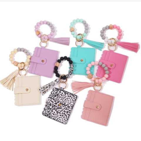 Pulsera de cuentas de silicona, tarjetero, billetera de PU con borla, llavero, monedero for sale at factory direct price