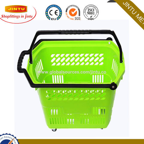 Cesta de compras de plástico para supermercado, carrito de compras rodante con colores