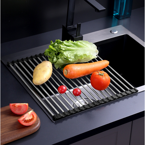 Kitchen Sink Roller Shutter Stainless Steel Drain Rack Foldable