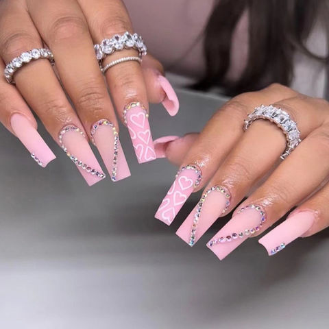 Brishow Künstliche Press-on Nägel Mit Blumen & Strass – Rosa Glitter, 24 Stück Set – Wiederverwendbare Fingernägel Zum Aufkleben