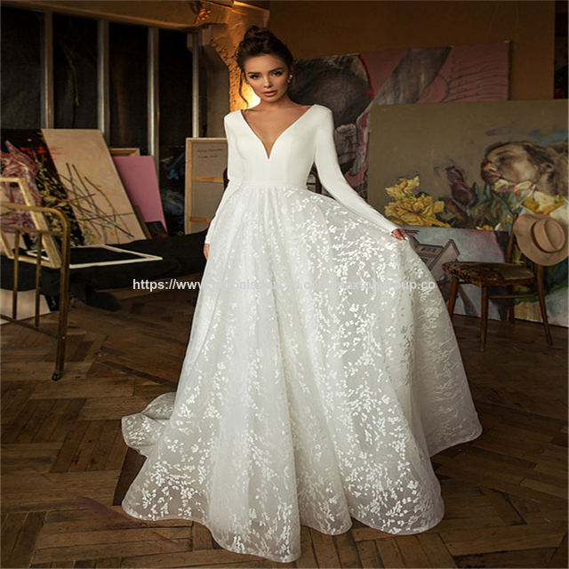 Vintage Elegant Deep V Neck Backless Long Sleeve High Waist Wedding Dress For Women Bridal Gown, Simple Bride Satin Wedding Dress, Backless Dress With V Neck, Lace V Neck Collar Evening Dress - Vintage Elegant Deep V Neck Backless Long Sleeve High Waist Wedding Dress For Women Bridal Gown, Simple Bride Satin Wedding Dress, Backless Dress With V Neck, Lace V Neck Collar Evening Dress -