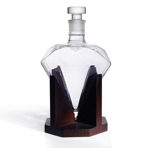 Carafe à Whisky en Forme de Diamant 850 ml avec Support en Bois - Verrerie de Luxe pour Spiritueux