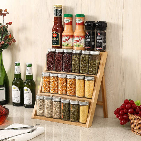3 Tier Bamboo Spice Rack Freestanding Expandable Seasoning Jars Shelf