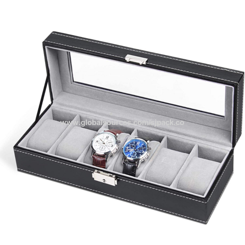 Caixa de Relógio de Couro e Madeira com 6-12 Compartimentos, Estojo Organizador com Visor de Vidro e Metal para Homem, Ideal para Negócios for sale at factory direct price