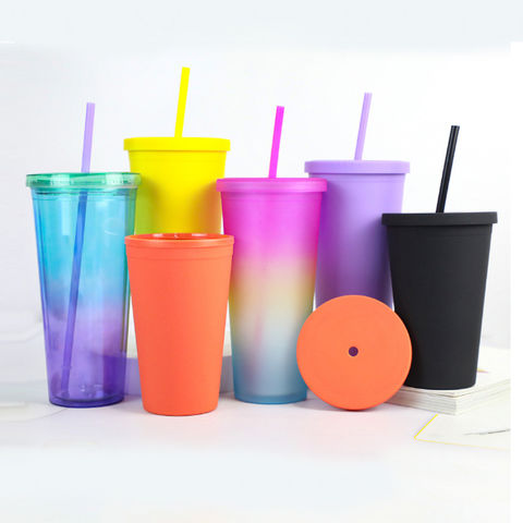 Set of 3 Plastic Tumblers With Matching Snap-on Lid and Straw. 16oz Double  Wall 