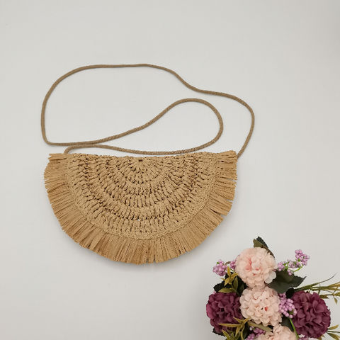 Semicircle Crochet Straw Clutch Bags With Fringe Bride Wedding