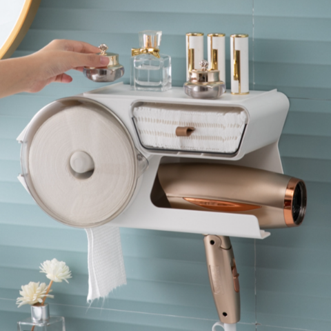 Adhesive Bathroom Shelves - Hair Dryer Holder and Storage Rack