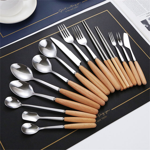 Ensemble de couverts avec manche en bois de hêtre, couteau à steak, fourchette, cuillère, baguettes en acier inoxydable