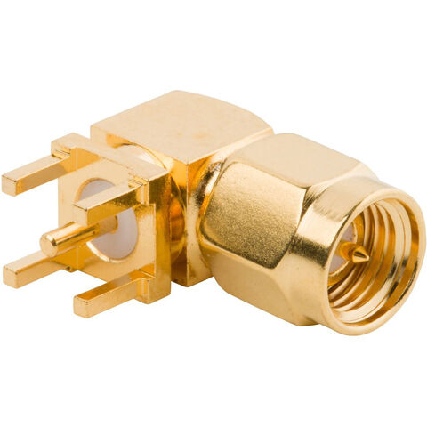 Conector RF SMA, PCB, baño de oro, orificio pasante, en ángulo recto, macho, 50 ohmios, latón for sale at factory direct price