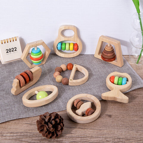 Chocalho de madeira para bebês, brinquedo de dentição e desenvolvimento para bebês