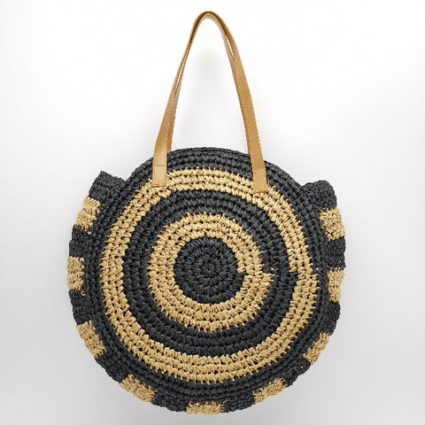 Black And Brown Women Handwoven Round Straw Bags Large Summer