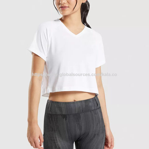 Precio de fábrica Poliéster Secado rápido Cuello en V Verano Entrenamiento físico Manga corta Camisetas deportivas lisas en blanco para mujer for sale at factory direct price