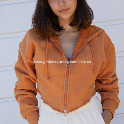 New Designed Women Zip Up Crop Hoodie French Terry Raw Cut