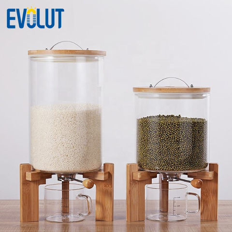 Glass Food Dispenser with Airtight Bamboo Lids & Wooden Stand 8 Liters