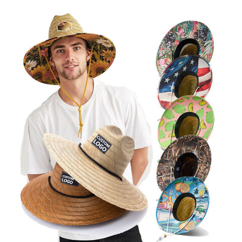 Topi Jerami Pantai Pria Wanita, Pelindung Matahari Musim Panas, Brim Lebar, Logo Kustom untuk Selancar