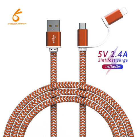Cable USB 2 en 1 de nailon trenzado para transferencia de datos y carga rápida para iPhone y Micro USB
