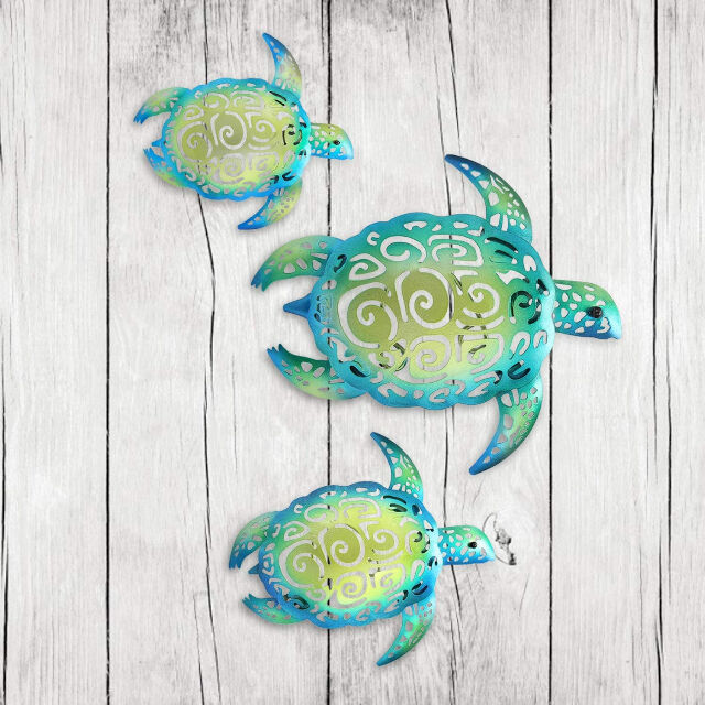 Ensemble de 3 Décorations Murales Thème Plage Tortue de Mer en Métal pour Intérieur Extérieur Salle de Bain Jardin