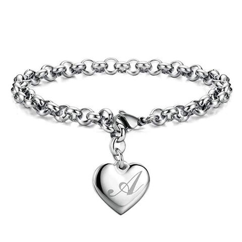 Pulseras de dijes para niñas, acero inoxidable, 26 letras, pulsera de corazón para regalos de adolescentes for sale at factory direct price