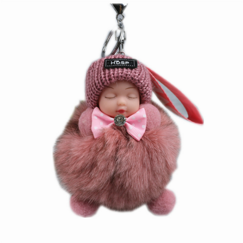 Correa para teléfono, pompón de piel de zorro real, muñeca dormida, adorno de felpa para bolso, llavero para coche
