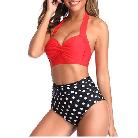 ملابس سباحة نسائية قطعتين طراز عتيق ريترو Halter مكشكش خصر عالي بيكيني مع الجزء السفلي for sale at factory direct price