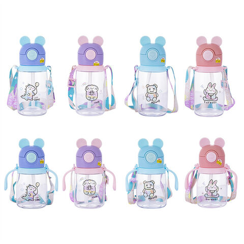 Cartoon Pattern Plastic Water Bottle With Handle And Straw, Cute Teddy Bear  Shaped Drinking Bottle