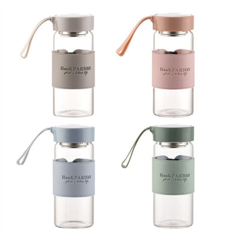 Gelas kaca transparan custom untuk susu atau jus dengan tali pengangkat dan lengan kulit - Botol air minum tumbler