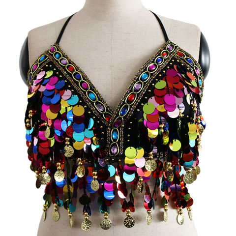 Soutien-Gorge Danse Orientale à Paillettes - Avec Glands Longs - Noir - Taille Unique